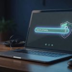 Laptop on a desk at night showing a private search screen with a shield icon